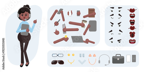 Business woman avatar suitable for easy animation. Generator, constructor of diverse views of eyes, lips, emotion expressions mouth animation and lip sync. Girl character face and body move.