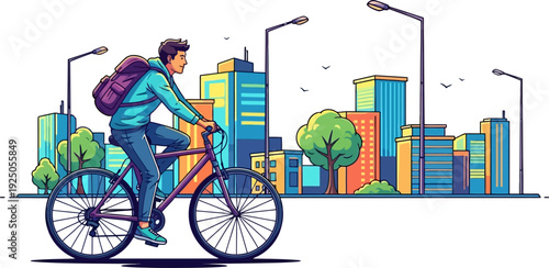 Energetic urban commuter with a backpack riding a bicycle through a vibrant city street with modern skyscrapers and green trees in a stylized vector art