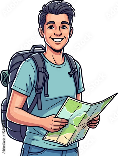 Enthusiastic traveler studying a detailed topographic map to plan his next route through the wilderness