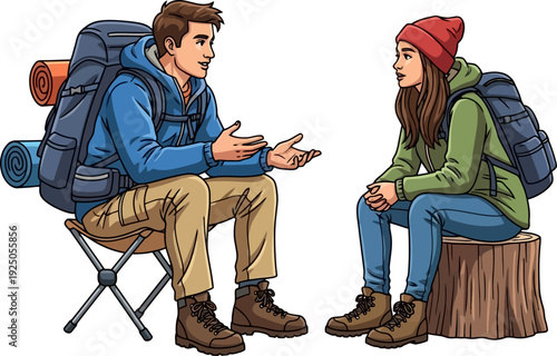 Engaged and social hikers sharing stories while resting at a campsite with one seated on a folding chair and the other on a rustic tree stump clean vector style