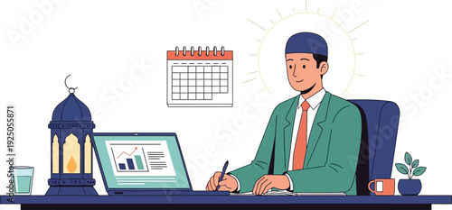 A businessman analyzing data on his laptop at a desk with office supplies and a calendar nearby during the daytime