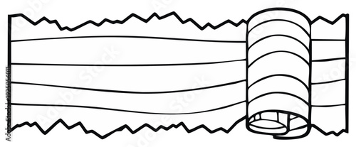 Line art illustration of a paper scroll or unrolling bandage with jagged edges.