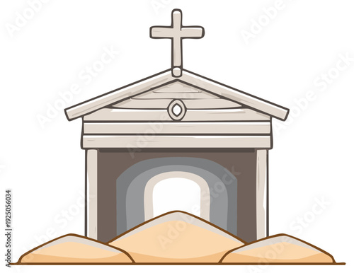 Simple Hand Drawn Mausoleum with Cross Symbol and Sandy Ground Illustration