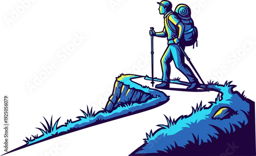 Ethereal silhouette of a determined mountaineer navigating a narrow ridge under the dramatic glow of a high-contrast twilight sky