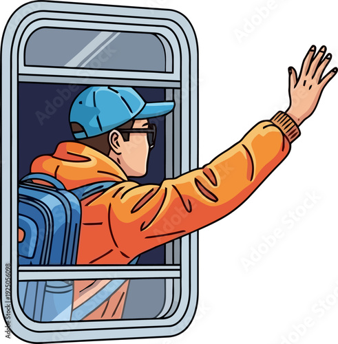 Excited voyager waving goodbye from a train window as he departs for a scenic railway adventure across the countryside
