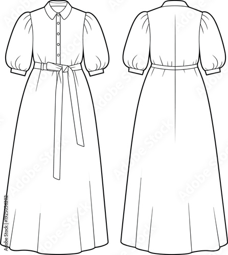 Flat fashion technical drawing of puff sleeve maxi dress with collar, waist tie belt, button front closure, CAD vector illustration