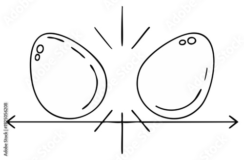 Stylized hand-drawn male reproductive organs with bursting energy on a horizontal line