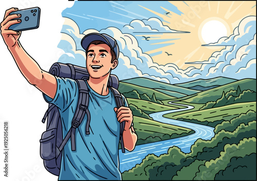 Exuberant young hiker capturing a digital memory by taking a selfie against a breathtaking backdrop of a winding river and lush green valley