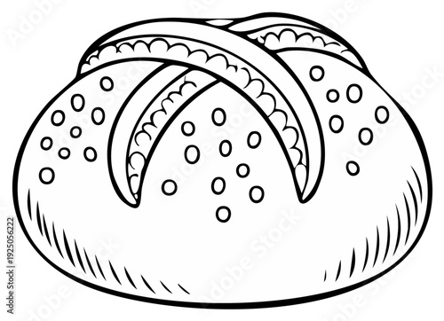 Hand drawn illustration of a fresh baked bread roll with a decorative cross on top