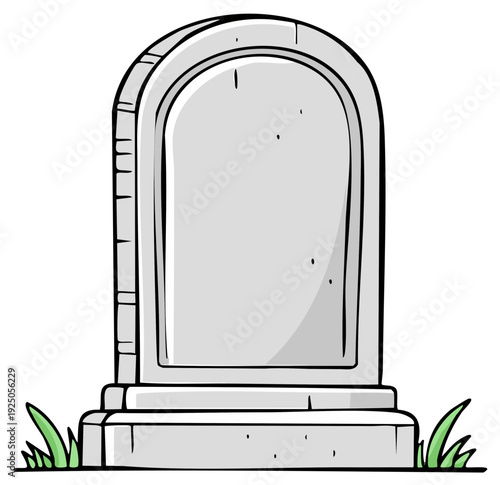 Cartoon gravestone illustration with a blank grey stone headstone and green grass at its base