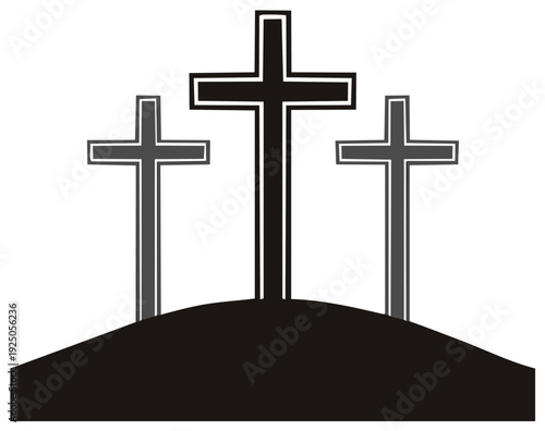 Religious crosses atop hill, simple Christian crucifixion symbols for faith or Easter themes