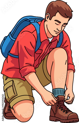 Focused adventurer ensuring his hiking boots are securely laced before embarking on a challenging trail