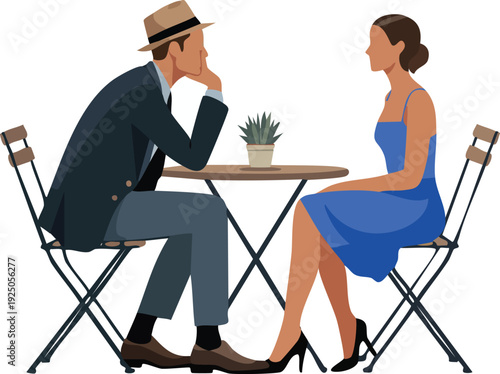 Vector illustration of an elegant couple sitting at a bistro table having a conversation