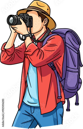 Focused and professional travel photographer aiming a dslr camera to capture a specific detail during an outdoor expedition clean character vector