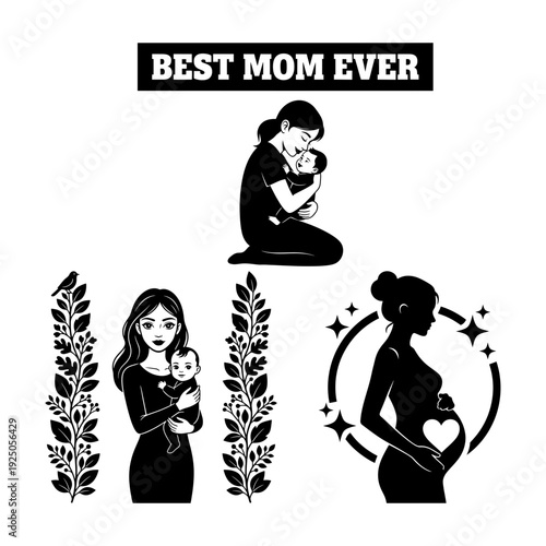 Silhouette badge icon bundle with mother baby, maternity and prom couple