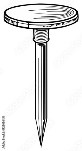 Graphic black and white illustration of a single metal office thumbtack pushpin