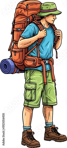Fully equipped and prepared long-distance hiker standing with a massive professional trekking backpack and rolled sleeping mat detailed character design