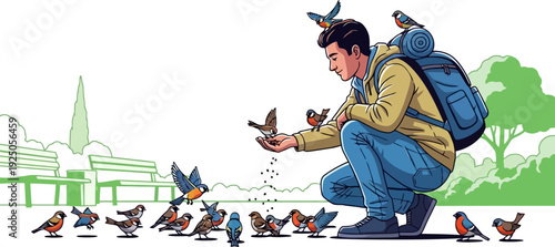 Gentle nature lover crouching in a serene park to feed a flock of small birds from his hand in a harmonious outdoor scene