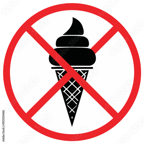 No Ice Cream sign vector icon. Forbidden food and dessert symbol. Prohibition and warning graphic.