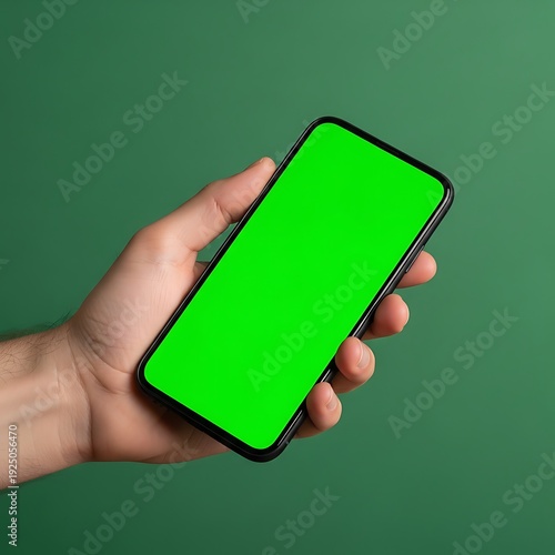 Wallpaper Mural Hand holding smartphone with green screen for app promotion on green background. Torontodigital.ca