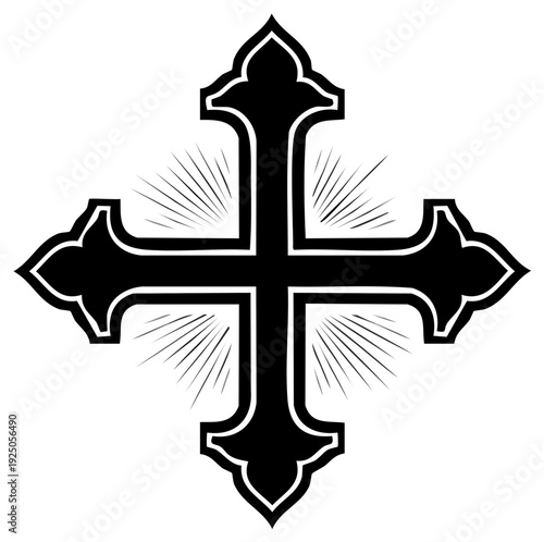 Ornate black Christian cross with radiating light rays illustration