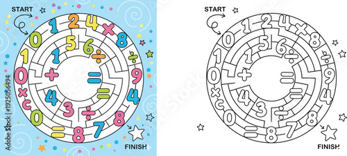 Circular maze puzzle for kids with numbers and math symbols, logic educational game, coloring book page vector illustration, find the path worksheet