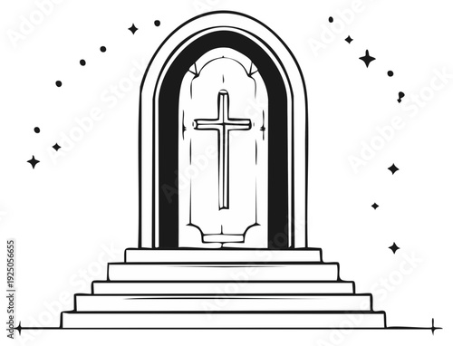 Christian cross in arch doorway, stairway to heaven spiritual concept vector drawing