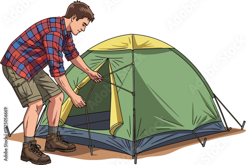 Industrious outdoor enthusiast carefully assembling a green and yellow dome tent at a campsite in a detailed instructional illustration style