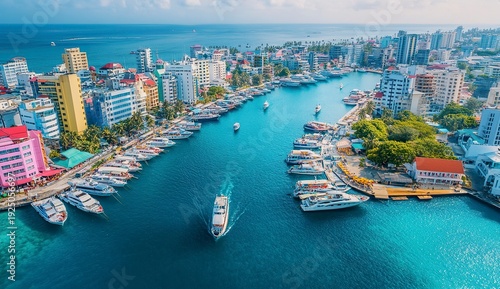 Aerial view of the city and harbor in the Maldives, stock photo, photo-realistic landscapes, aerial photography, photo taken with Provia, high-resolution camera, colorful cityscape, buildings and wate