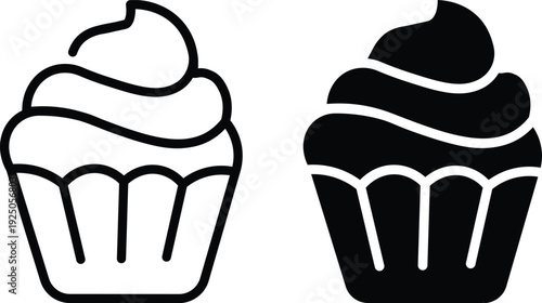 Two simple cupcake icons, one in outline style and one filled with solid black, representing dessert or bakery items.