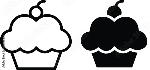 Two simple black and white cupcake icons, one outlined and one solid, both topped with a cherry.