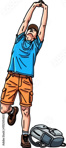 Invigorating athletic hiker performing an overhead stretch near his backpack at a scenic trailhead break