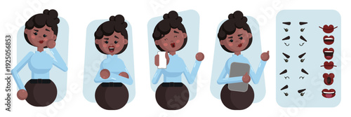 Business office woman constructor suitable for animation. Generator of diverse eyes, lips, emotion expressions mouth animation and lip sync. Young woman character face and upper body construction.