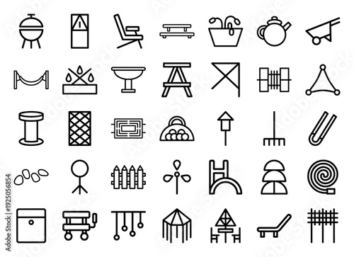 Outdoor living and garden maintenance equipment icons featuring barbecue grills, patio furniture, and landscaping tools in a minimalist monoline style.