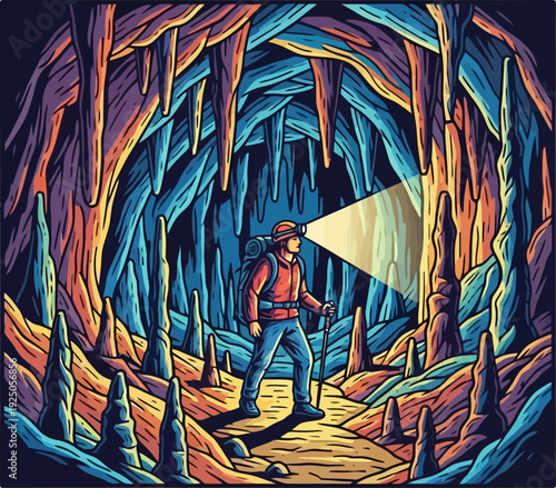 Intrepid subterranean explorer navigating a cavernous limestone chamber filled with ancient stalactites using a bright headlamp