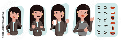 Business office woman constructor suitable for animation. Generator of diverse eyes, lips, emotion expressions mouth animation and lip sync. Young woman character face and upper body construction.