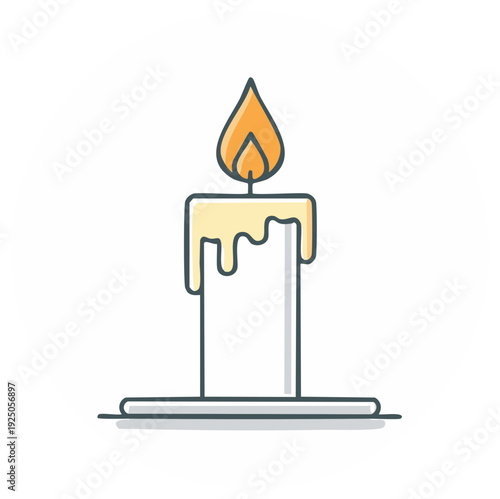 Burning candle illustration, minimalist vector image featuring wax drips and a simple flame on a holder