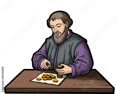 A bearded medieval merchant counting and stacking gold coins on parchment paper 