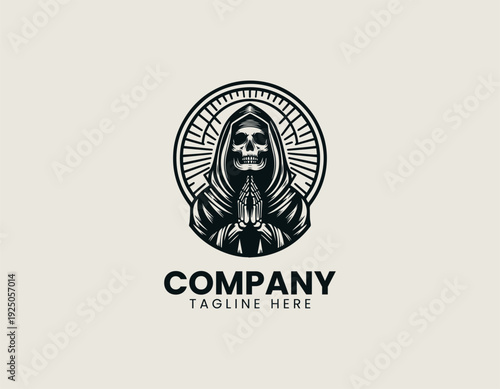 Hooded skeletal saint figure with praying hands and halo is presented as bold monochrome vector logo