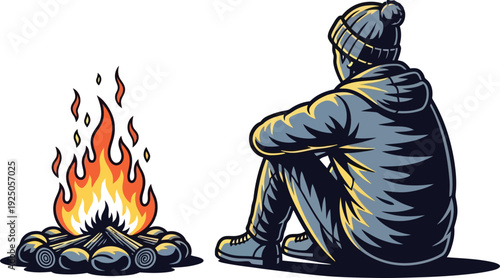 Meditative lone person in winter clothes staring into the dancing flames of a campfire in the dark wilderness