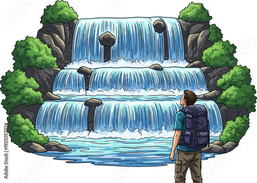 Majestic view of a traveler admiring a massive three-tiered waterfall cascading down a rocky cliffside illustration