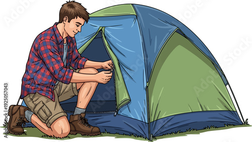 Methodical camper kneeling down to zip up the entrance of a green and blue tent at a forest campsite illustration