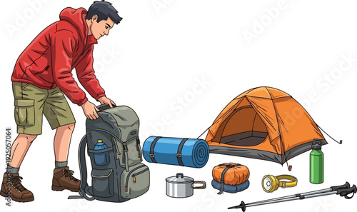 Methodical camping expert organizing his essential gear including a tent sleeping bag flashlight and trekking poles on the ground
