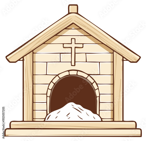 Cartoon illustration of a dog house with a cross, drawing style. Faith, christian, animal