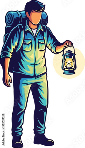 Mysterious nocturnal adventurer illuminating the dark path with a vintage kerosene lantern while wearing heavy hiking gear in a dramatic high-contrast style