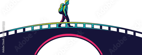 Mysterious silhouette of a wanderer crossing a bridge against a minimalist backdrop