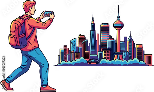 Modern traveler with a backpack capturing a photo of a colorful city skyline using a smartphone during a sightseeing tour in a vibrant vector art style