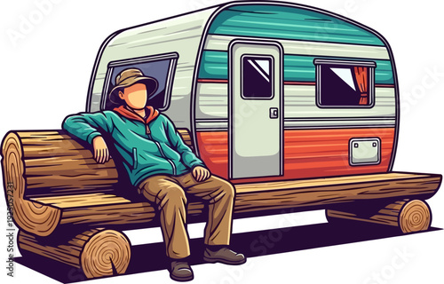 Nostalgic and rustic traveler resting on a large log bench in front of a vintage striped camper trailer in a quiet outdoor setting detailed vector art