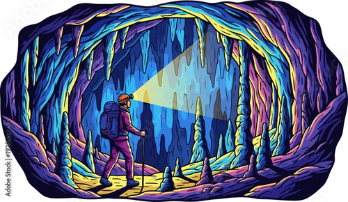 Mysterious subterranean explorer with a headlamp illuminating a colorful cavern filled with ethereal stalactites and stalagmites in a vibrant vector style