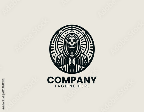 Hooded skeletal saint figure with praying hands and halo is presented as bold monochrome vector logo